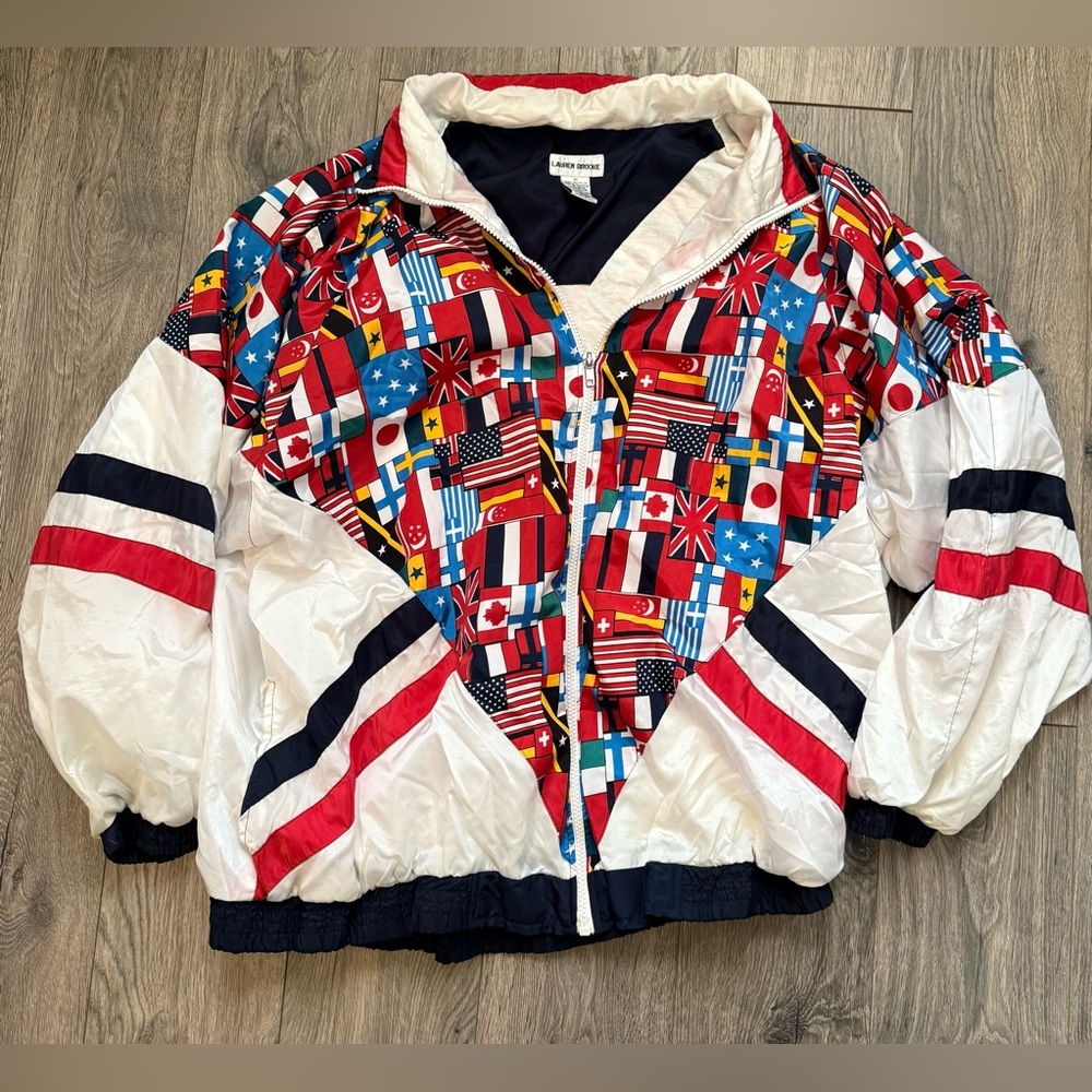 Lauren Brooke Multicolor Flag Pattern Puffer Wind… - image 1